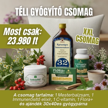 Téli gyógyító csomag (1 Mesterbalzsam, 1 Immunerősítő elixír, 1 C-vitamin, 1 Flora+  és ajándék 30x40es gyógypárna)