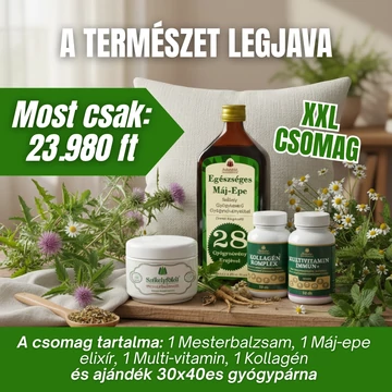 A Természet Legjava csomag (1 Mesterbalzsam, 1 Máj-epe elixír, 1 Multi-vitamin, 1 Kollagén és ajándék 30x40es gyógypárna)