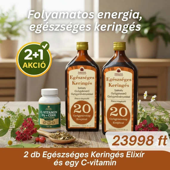 2+1 Székely Gyógykeserű – Egészséges Keringés (500 ml) + Székely Patikárium C-Vitamin 1000 mg + D3 + Cink + Csipkebogyó (100 db filmtabletta)