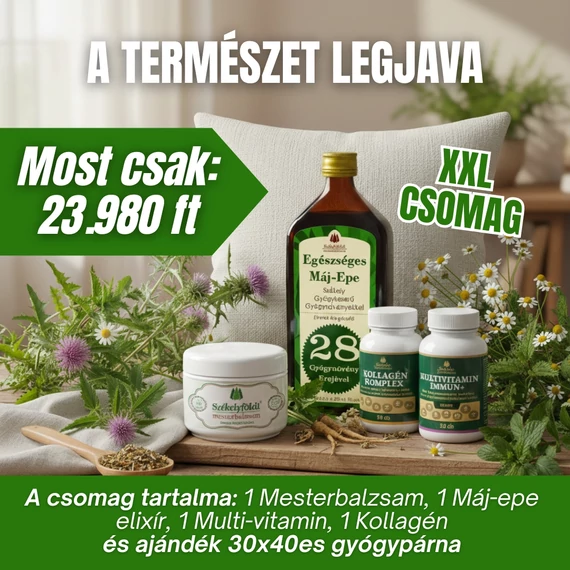 A Természet Legjava csomag (1 Mesterbalzsam, 1 Máj-epe elixír, 1 Multi-vitamin, 1 Kollagén és ajándék 30x40es gyógypárna)